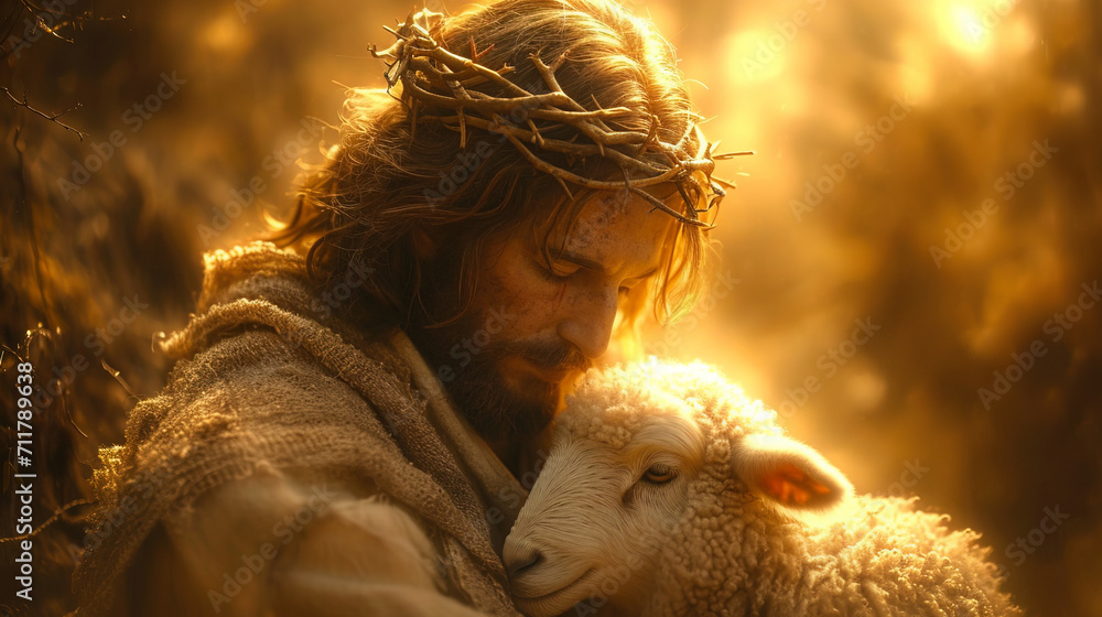 Jesus Christ as Shepherd, Lord and Saviour, gently holding a lamb. AI ...