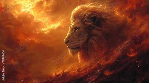 Portrait of a fire lion. AI
