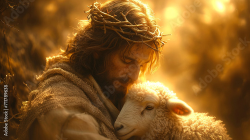 Jesus Christ as Shepherd, Lord and Saviour, gently holding a lamb. AI generated image	 photo