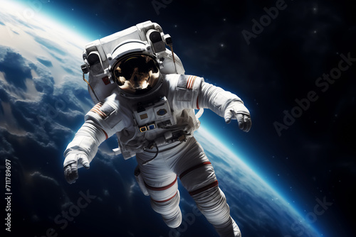 Astronaut spaceman do spacewalk while working for space station in outer space. Man in a spacesuit in outer space. Science fiction fantasy. Cosmonautics day concept. 