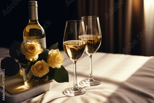 A romantic setting with white wine and yellow roses.