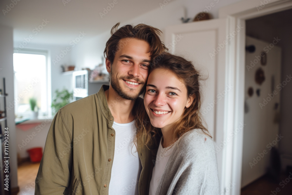 A happy couple in their apartment, sharing joy and love, embodying a romantic and cheerful relationship. A happy couple in their apartment, sharing joy and love, embodying a romantic and cheerful relationship.