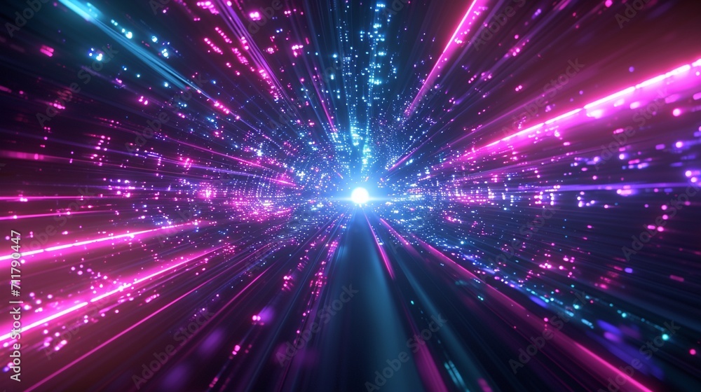 Futuristic abstract flight in retro neon hyper warp space in the tunnel blue and pink  background. - obrazy, fototapety, plakaty 