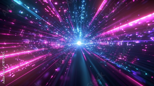 Futuristic abstract flight in retro neon hyper warp space in the tunnel blue and pink background.