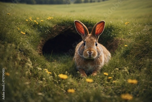 rabbit on a meadow, wildlife, bunny in the hole