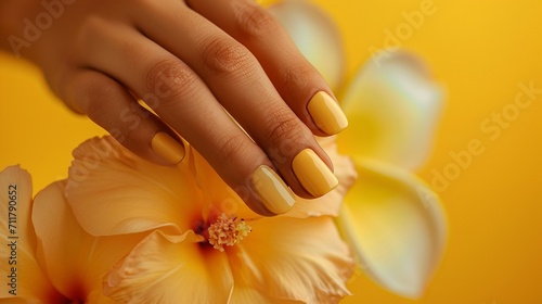 Glamour woman hand with bright yellow color nail polish manicure on fingers, touching daisy flower petals, close up for cosmetic advertising, feminine product, romantic atmosphere use.