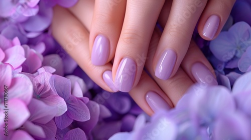 Glamour woman hand with trendy lilac color nail polish manicure on fingers, touching light purple spring flower petals, close up for cosmetic advertising, feminine product, romantic atmosphere use.