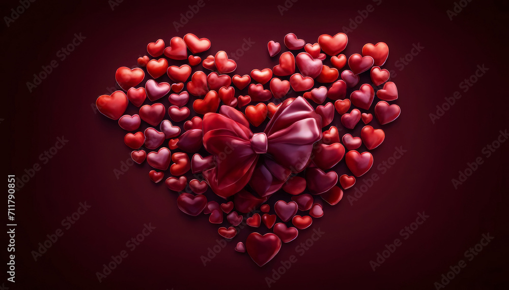 Heart is made of variety of red ceramic hearts of different shades, shapes and sizes, decorated with original bow. On dark burgundy background. Valentine day concept for design. Symbol of love.