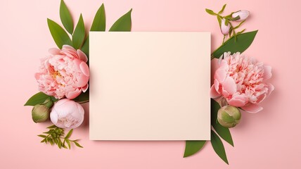 an aesthetic Valentine's Day and Mother's Day mockup template, featuring a wreath made of pink peonies flowers and a blank square paper sheet on a pink background with copy space.