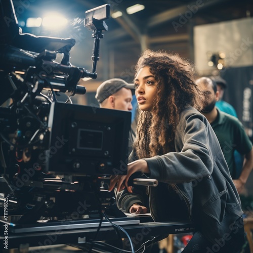 Young Mixed Race Female Filmmaker Works on Movie Set