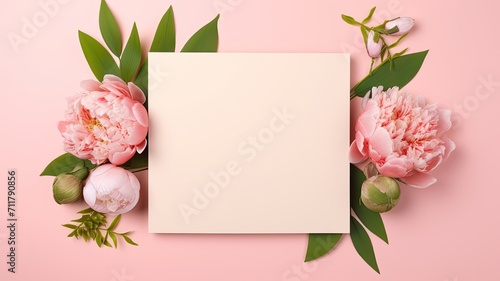 an aesthetic Valentine's Day and Mother's Day mockup template, featuring a wreath made of pink peonies flowers and a blank square paper sheet on a pink background with copy space.