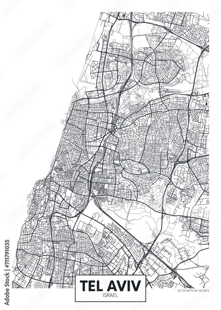 City map Tel Aviv, urban planning travel vector poster design