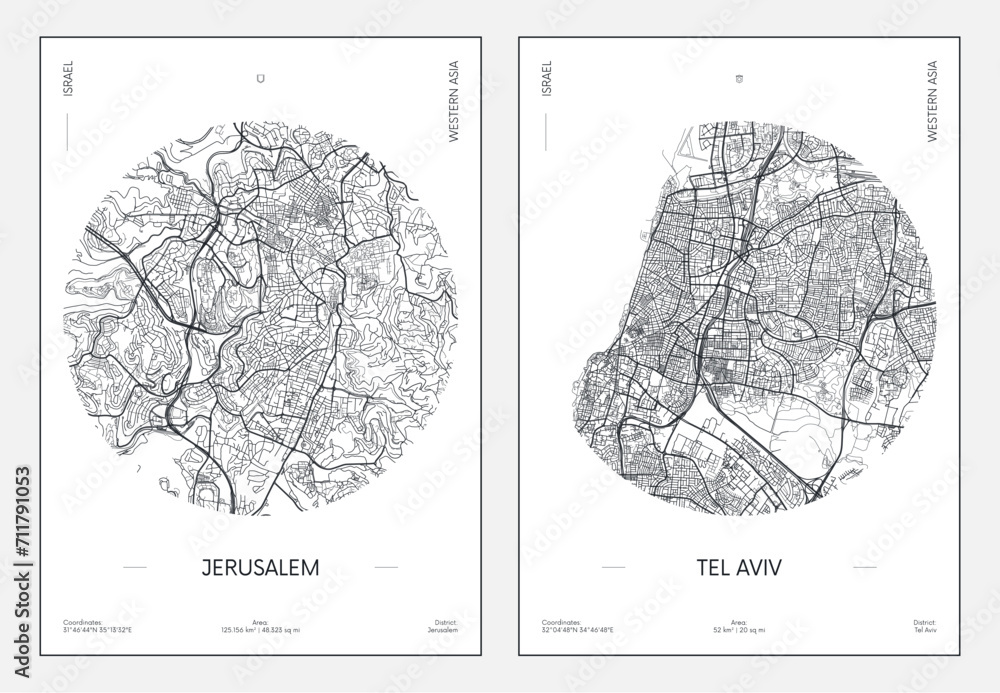 Obraz premium Travel poster, urban street plan city map Jerusalem and Tel Aviv, vector illustration