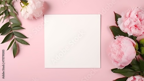 an aesthetic Valentine's Day and Mother's Day mockup template, featuring a wreath made of pink peonies flowers and a blank square paper sheet on a pink background with copy space. photo