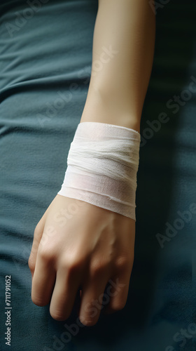 a person's hand wrapped in a white gauze