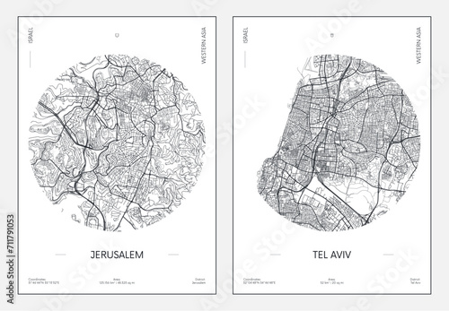 Travel poster, urban street plan city map Jerusalem and Tel Aviv, vector illustration