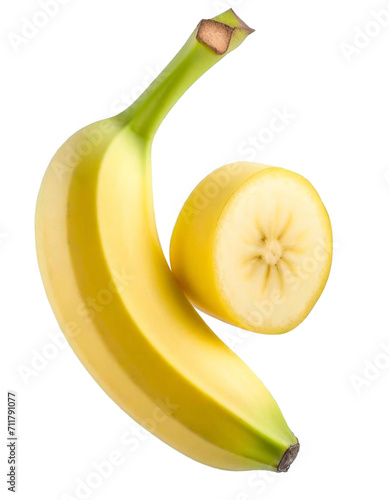 One whole banana and slice isolated on white background