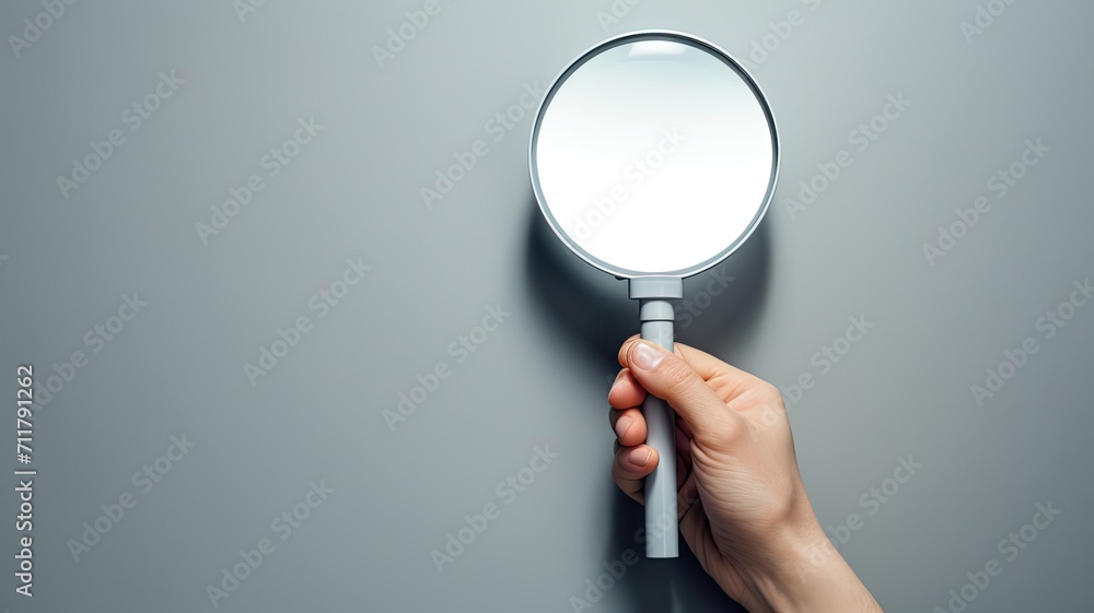 a woman holding a magnifying glass in a closeup shot against a grey background, a composition in a minimalist modern style, highlighting the simplicity and focus. a woman holding a magnifying glass in a closeup shot against a grey background, a composition in a minimalist modern style, highlighting the simplicity and focus.