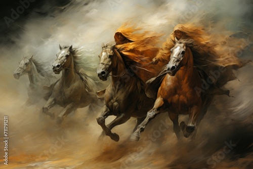 Whirling sandstorm horsemen, riding on gusts of wind with unrivaled speed - Generative AI