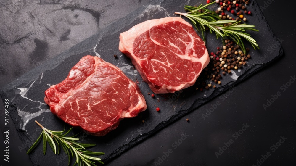 raw beef steaks with spices on a wooden cutting board placed on a black stone or concrete background, the top view with ample copy space, in a minimalist modern style.