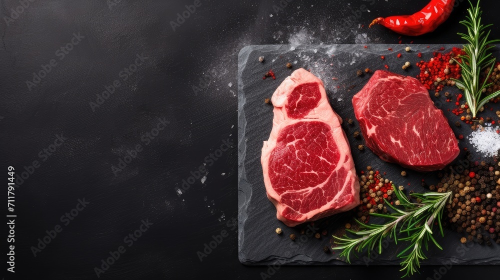 raw beef steaks with spices on a wooden cutting board placed on a black stone or concrete background, the top view with ample copy space, in a minimalist modern style.