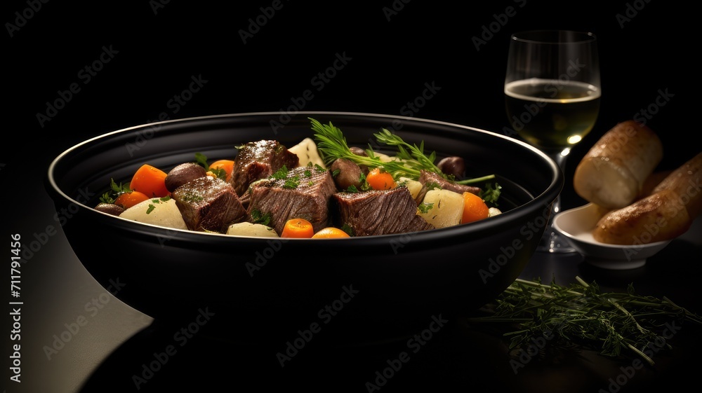 a traditional Irish stew in a black bowl on a dark background, ingredients, including lamb, potatoes, onions, carrots, and thyme, the traditional dish of St. Patrick's Day. a traditional Irish stew in a black bowl on a dark background, ingredients, including lamb, potatoes, onions, carrots, and thyme, the traditional dish of St. Patrick's Day.
