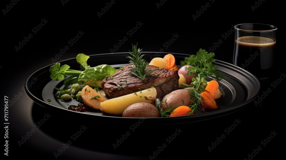 a traditional Irish stew in a black bowl on a dark background, ingredients, including lamb, potatoes, onions, carrots, and thyme, the traditional dish of St. Patrick's Day. a traditional Irish stew in a black bowl on a dark background, ingredients, including lamb, potatoes, onions, carrots, and thyme, the traditional dish of St. Patrick's Day.