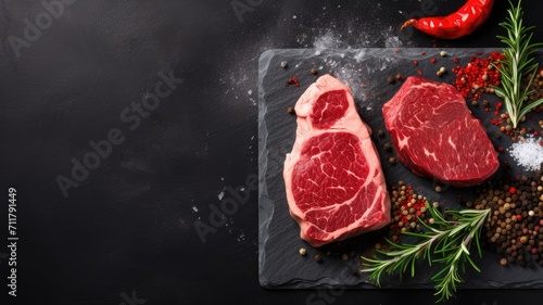 raw beef steaks with spices on a wooden cutting board placed on a black stone or concrete background, the top view with ample copy space, in a minimalist modern style.