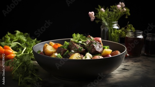 a traditional Irish stew in a black bowl on a dark background, ingredients, including lamb, potatoes, onions, carrots, and thyme, the traditional dish of St. Patrick's Day.
