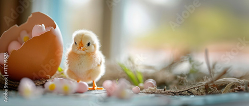 Adorable chick on windowsill, standing in eggshell, against blurred window background