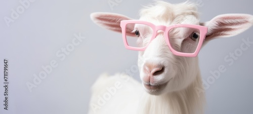 Fototapeta Naklejka Na Ścianę i Meble -  Funny easter animal banner - Closeup of white goat with pink sunglasses