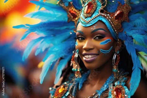 Beautiful Brazilian woman wearing colorful Carnival costume. Samba carnival dancer in feathers costume. Street parade in city, celebrating party. Bright tropical colors