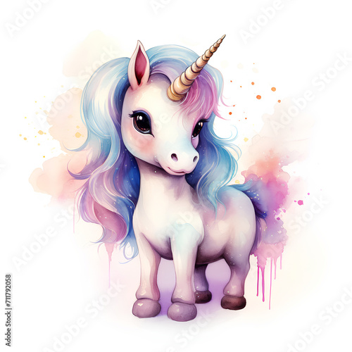 Hand drawn cute unicorn watercolor colorful art, splashes of paint on white background © Татьяна Бабышева