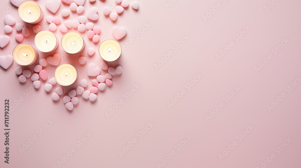 the Valentine's Day concept, featuring heart-shaped marshmallow candles and sprinkles meticulously arranged on an isolated light pink background, providing copyspace for creative elements or text. the Valentine's Day concept, featuring heart-shaped marshmallow candles and sprinkles meticulously arranged on an isolated light pink background, providing copyspace for creative elements or text.