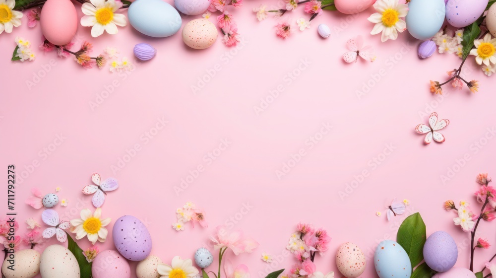 Colorful Easter eggs and spring flowers spread out on a pastel pink background with plenty of copy space. Colorful Easter eggs and spring flowers spread out on a pastel pink background with plenty of copy space.