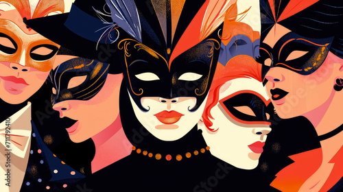Group of women wearing festive masquerade masks. Carnival Concept and Festive Pattern or Background. Holiday Pageant and Mardi Gras. Illustration.