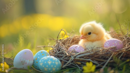 Chick sits in the Easter basket with colored eggs.