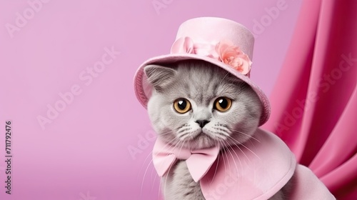 Scottish fold cat kitten kitty in glam fashionable couture high end outfits isolated on bright background advertisement, copy space .Generative AI