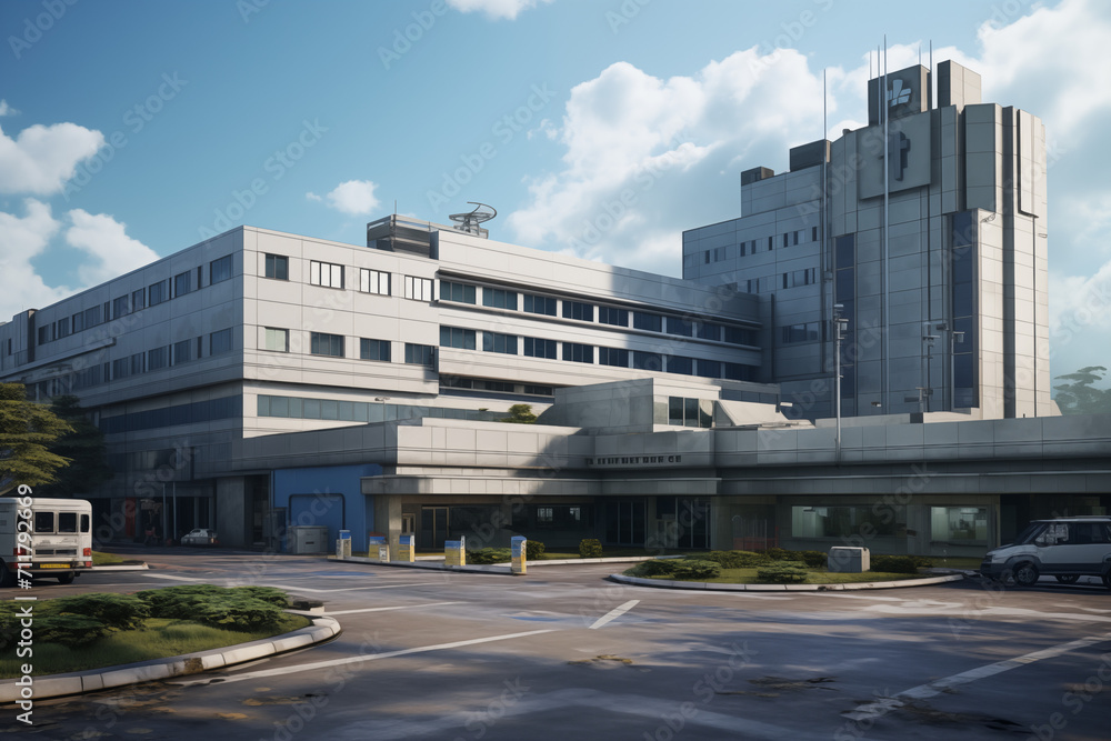 Obraz premium Hospital building. Care center. Building in the medical field. Medical profession. Hospital building architecture. ​