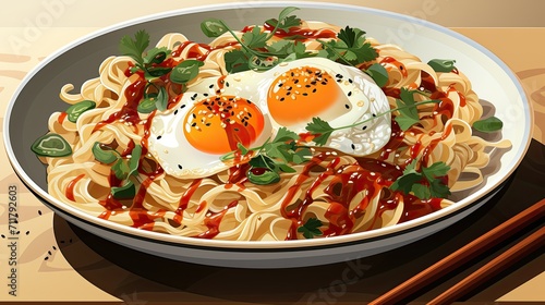 noodle soup with vegetables  fried egg in a white bowl vector illustration.Generative AI