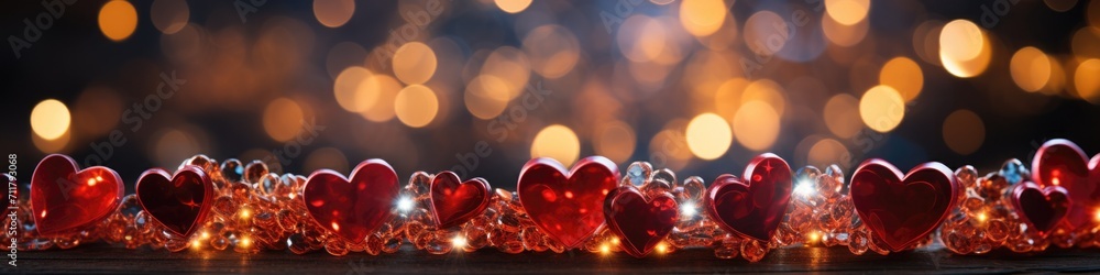 Two glowing hearts on the background of a beautiful bokeh - obrazy, fototapety, plakaty 