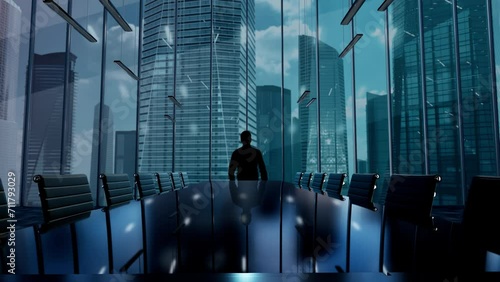 Financial Planning. Businessman Working in Office among Skyscrapers. Hologram Concept photo