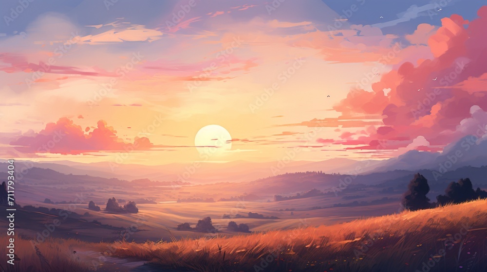 A picturesque sunset casting hues of orange and pink over a serene countryside - Generative AI