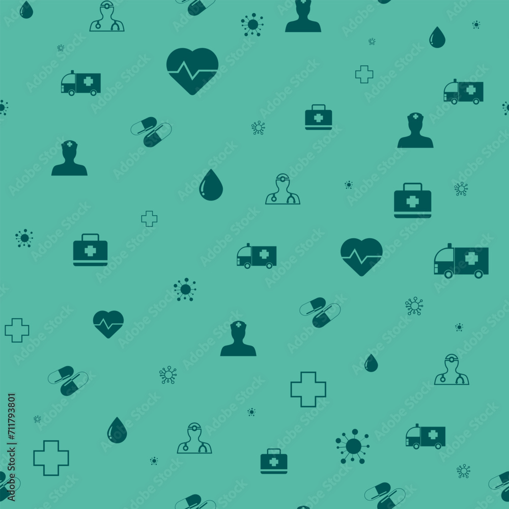 Seamless vector illustration with medical icons on green background. Medical banner with space for copy, text and advertisement, repeating drawings Seamless vector illustration with medical icons on green background. Medical banner with space for copy, text and advertisement, repeating drawings