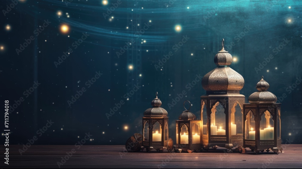 Fototapeta premium Ramadan Kareem celebration background illustration with arabic lanterns and moon