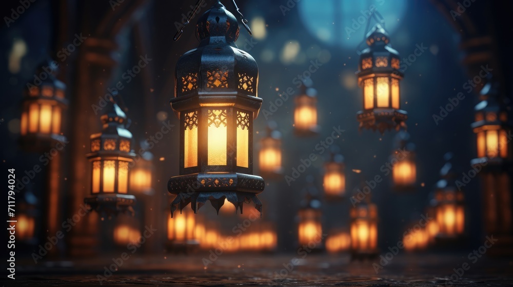 Obraz premium Ramadan Kareem celebration background illustration with arabic lanterns and moon