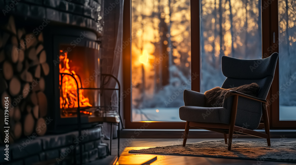 Cozy room in the house in dim light with a fashionable armchair and a fireplace. It's a winter day outside. Home interior concept.
