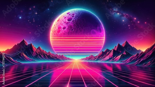 Abstract retro sci-fi grid 80's, 90's neon colors night and sunset, vintage cyberpunk illustration, retro synthwave style neon landscape background. photo