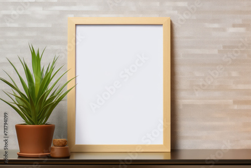 Empty wooden picture frame mockup on table leaning on the white wall with a green plant. © Thanaphon