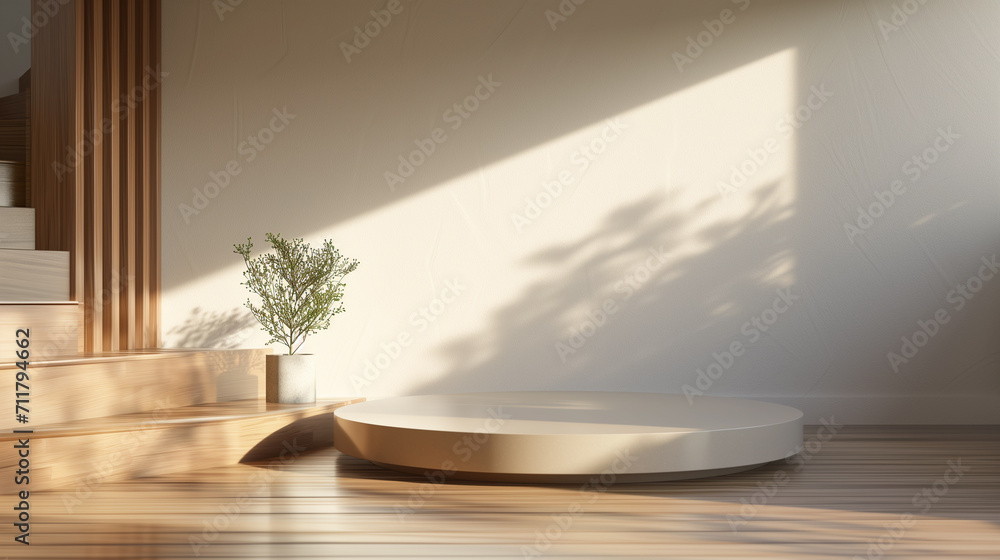 Fototapeta premium Empty podium with a tranquil minimalist interior corner, bathed in natural sunlight with a single potted plant.